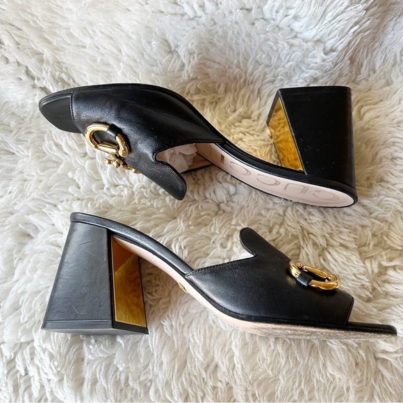 Gucci Baby Horsebit Slide Sandals Mules Black and Gold Block Heel Size EU 39 - Picture 6 of 14